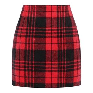 NWT IDEALSANXUN Womens High Waisted Buffalo Plaid Mini Wool Skirt Red Black